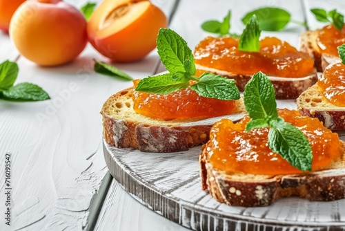 Delicious breakfast with toast apricot jam fresh fruits and mint on a wooden table