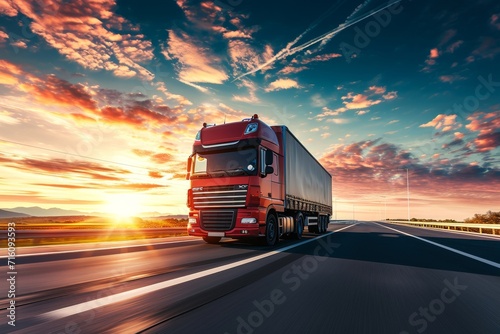 Spectacular sunrise or sunset as a backdrop for the large heavy semitrailer truck carrying a sea shipping container on the highway representing the cargo tran photo