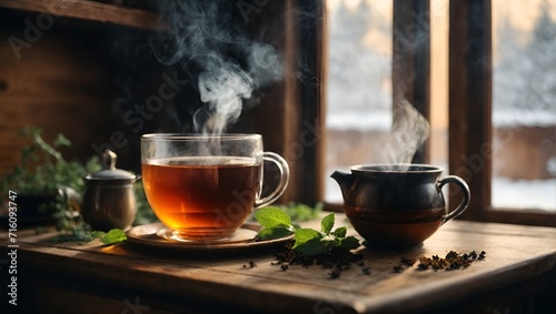 steaming hot herbal tea in a wooden house with snow outside