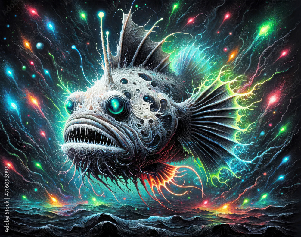 Neon Deep Sea Anglerfish.
Luminescent anglerfish in a dark ocean setting. Neon Deep Sea Anglerfish.
Luminescent anglerfish in a dark ocean setting.