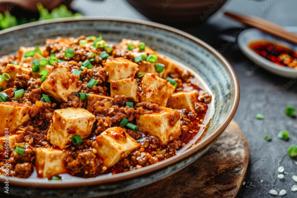Asian style Mapo Tofu Silken tofu with beef and mala flavor from chili oil and Sichuan peppercorns