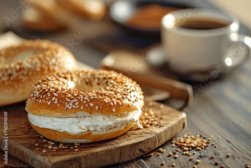 Sliced bagel with creamy spread and hot beverage photo