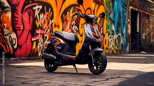 stylish electric scooter with custom paint job leans against graffiti-covered wall in urban art photo