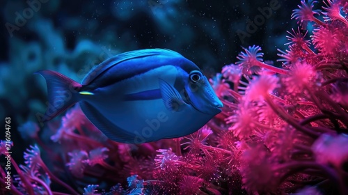 An electric blue tang fish swimming effortlessly through a sea of glowing pink sea stars
