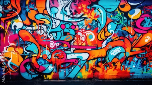 Closeup of vibrant graffiti mural with intricate patterns and bold colors.