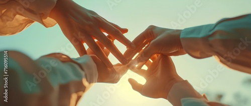 people holding together their hands. iconic gestures of cooperation, unity and teamwork. generative AI