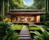 Japanese Style Modern Bamboo House Surrounded by Green Bamboo Tree Forest. Generative Ai. Ai
