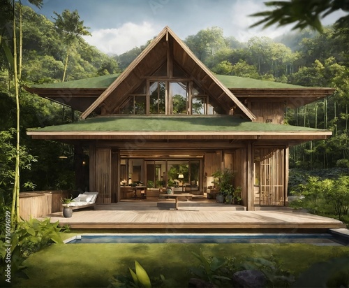 Japanese Style Modern Bamboo House Surrounded by Green Nature Forest. Generative Ai. Ai