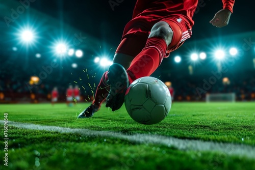 Red uniform player kicking soccer ball powerfully in night match close up