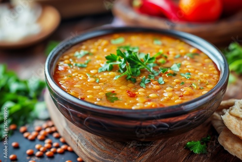 Traditional Turkish food Red lentil soup Turkish Mercimek corbasi photo