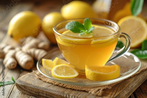 Wooden background with ginger tea and lemon