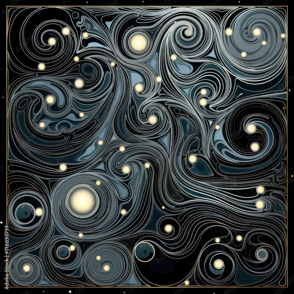 Abstract swirls within swirls in gray, blue, black and white