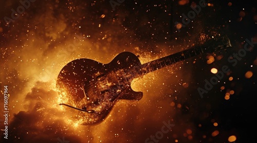 A blazing guitar solo ignites the stage as sparks and smoke fly from the instrument with every strum photo