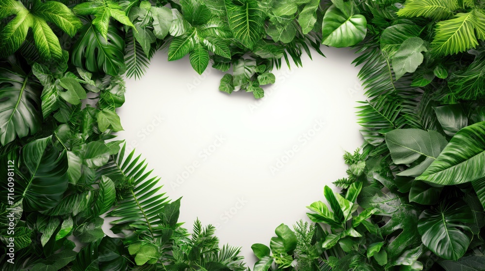 Green different plants leaves frame with heart shape on white background. Green different plants leaves frame with heart shape on white background.