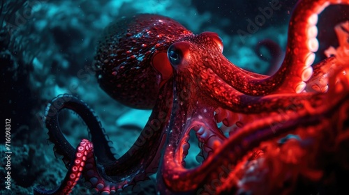 A giant squid lurks in the shadows its body pulsing with a deep neon red color that is both captivating and eerie