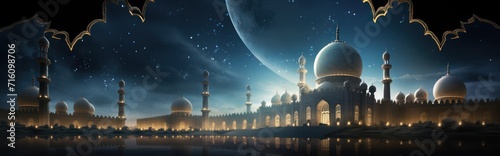 Domed mosque at night with moonlight, background illustration copy space Islamic holidays and the month of Ramadan.	 photo