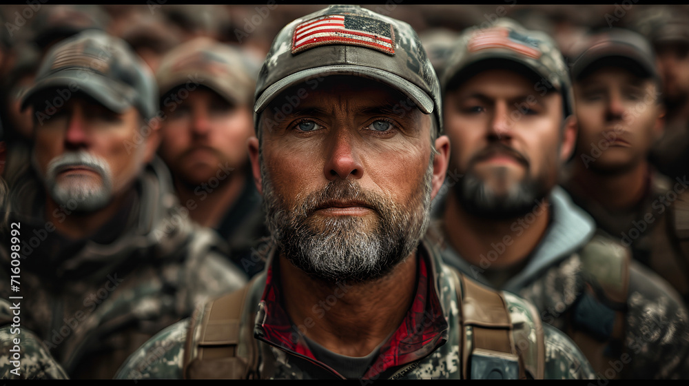 Campaign rally - red hats - older men - American flags - winter - patriotism - civil war - political polarization Campaign rally - red hats - older men - American flags - winter - patriotism - civil war - political polarization