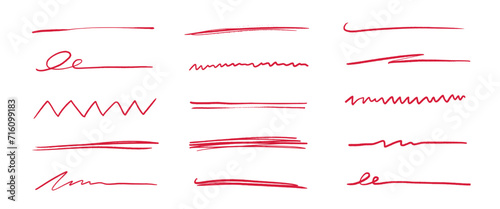 Pen underline line stroke, red marker scribble. Hand drawn mark, brush drawn curve, doodle sketch vector. Red pen text underline, handwritten doodle elements, lettering emphasis. Vector illustration photo