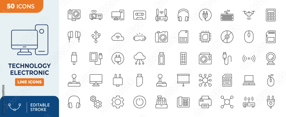 Electronic Line Editable Icons set. Vector illustration in modern thin line style of electronic related icons: computer, laptop, projector, headphone, router, and more