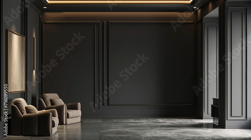 Luxury living room in dark color. Gray paint walls, warm light and lounge furniture. Ai Generative © Witri