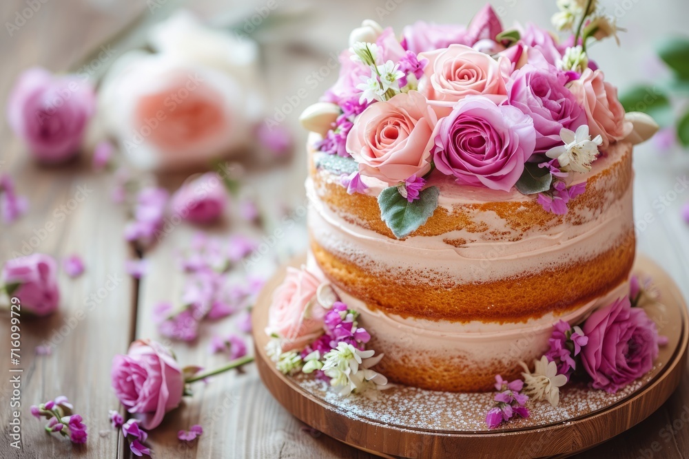 Floral cakes creatively adorned with love on wooden backdrop for special occasions highlighting focus and free area Floral cakes creatively adorned with love on wooden backdrop for special occasions highlighting focus and free area