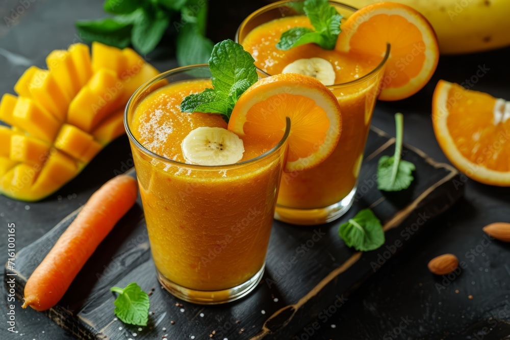 Fresh fruit smoothie with orange banana mango carrot blend served on a wooden surface Fresh fruit smoothie with orange banana mango carrot blend served on a wooden surface