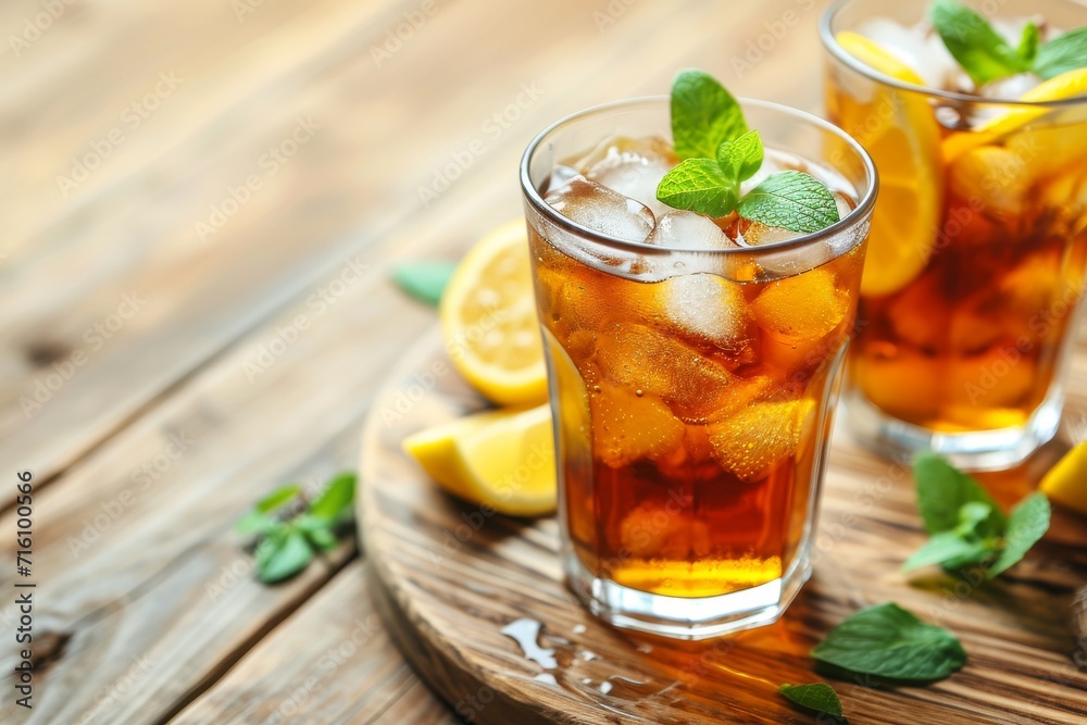 Space for text on wooden table with delicious iced tea Space for text on wooden table with delicious iced tea