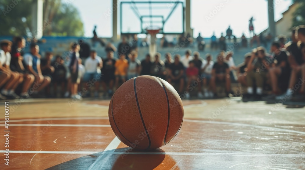 Low angle shot of a basketball court with a ball. Generative AI. - obrazy, fototapety, plakaty 
