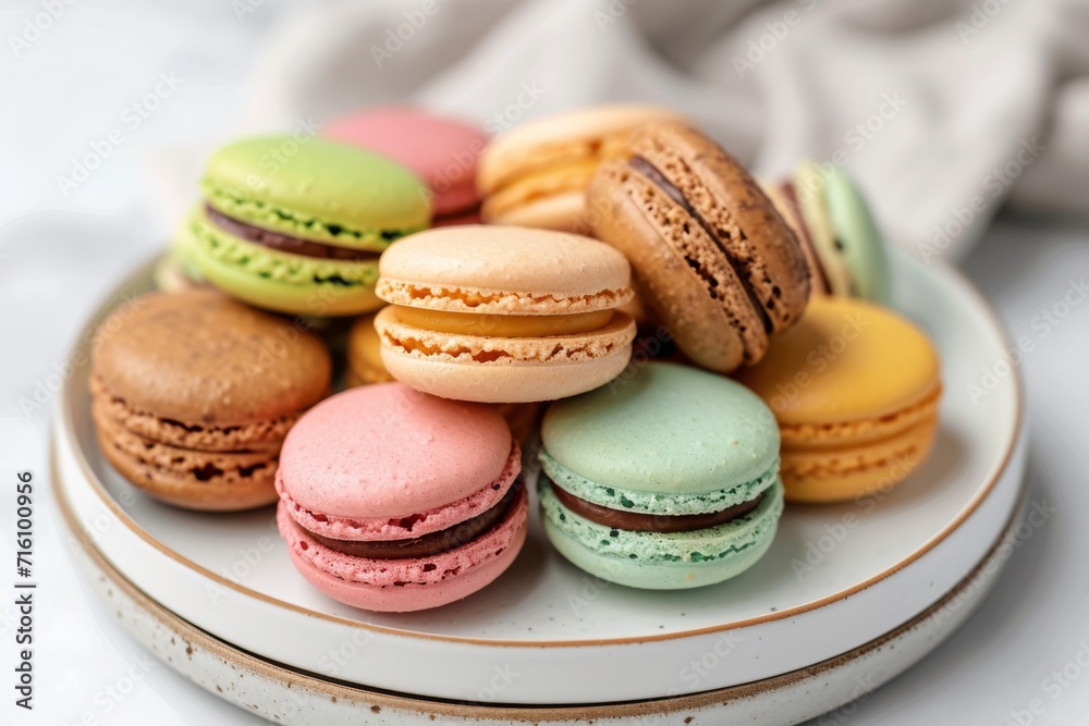 Sweet and colorful French macarons including pastel macarons on a white background with a green beige and brown macaron on a plate Sweet and colorful French macarons including pastel macarons on a white background with a green beige and brown macaron on a plate