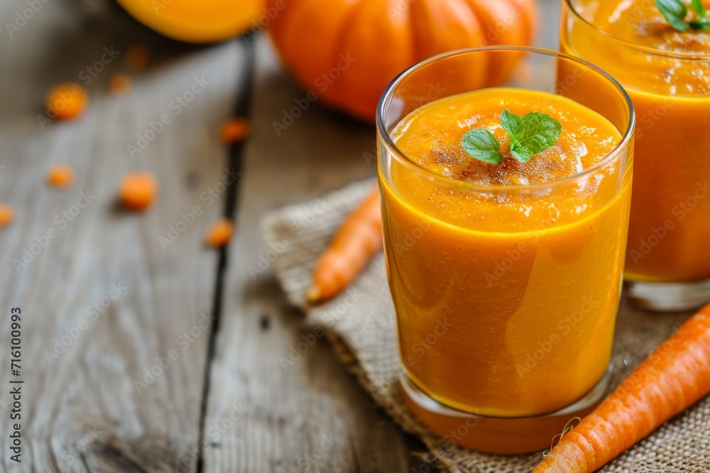 Smoothie with pumpkin carrot on a rustic backdrop Smoothie with pumpkin carrot on a rustic backdrop