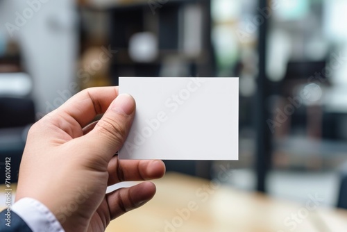 Male hand holding a blank business card. Generative AI.