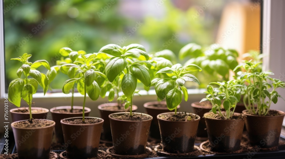 Closeup of a tiny selfsustaining garden on a windowsill, with herbs and vegetables growing in pots. Closeup of a tiny selfsustaining garden on a windowsill, with herbs and vegetables growing in pots.