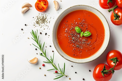 Tomato soup arranged on a white surface