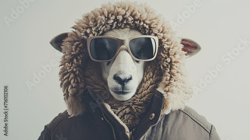 Sheep head wearing sunglasses on the human body of a man wearing winter Clothes on white background © HM Design