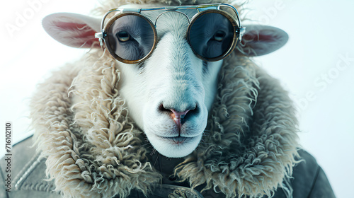 Sheep head wearing sunglasses on the human body of a man wearing winter Clothes on white background photo