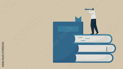 A man uses a telescope to check over a pile of books.