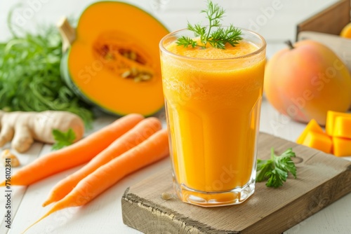 Carrot and pumpkin smoothies served in a glass by a white wall