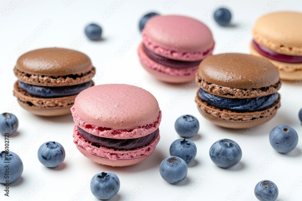 Fototapeta premium French macarons in various pastel colors on a white background including a pink and brown macaron with a fresh blueberry