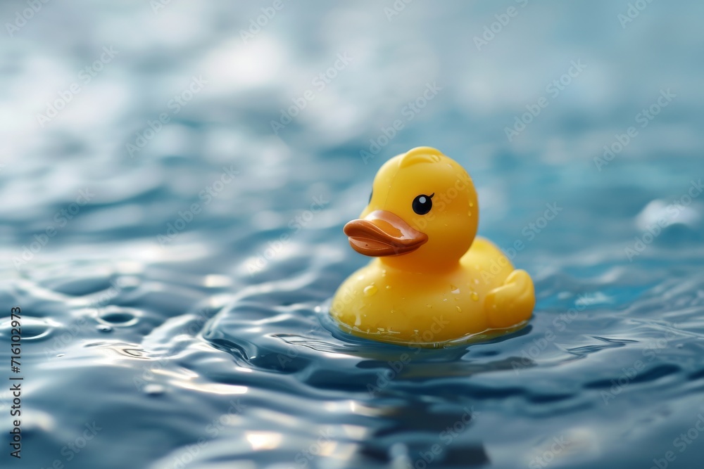 Summer season children s game concept Small yellow rubber duck swimming Toy close up Symbol of childhood fun and friendship Summer season children s game concept Small yellow rubber duck swimming Toy close up Symbol of childhood fun and friendship