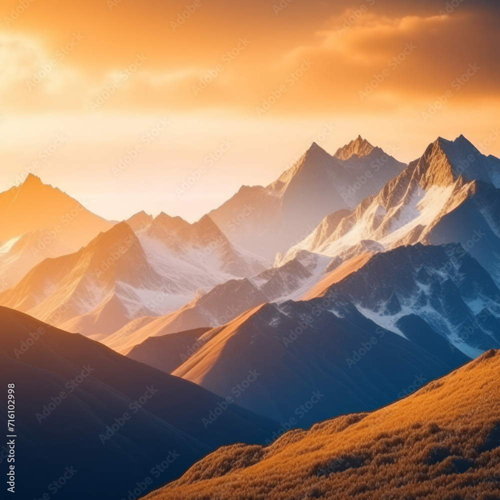 Beautiful Sunrise over the mountains, A serene summer morning paints the snow-capped mountains with a soft glow of dawn 
