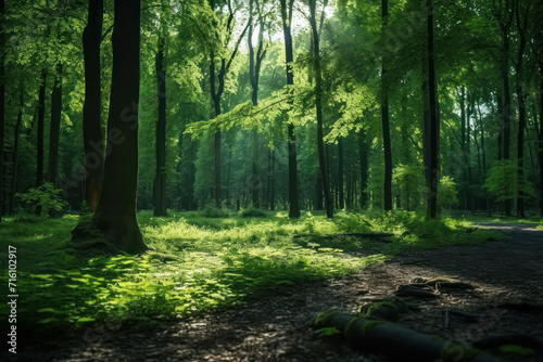 Discover a peaceful haven in this sun-dappled park where green trees and a serene atmosphere come together to create a tranquil scene. AI generative.