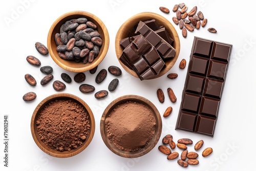Chocolate ingredients in bowls cocoa beans chocolate mass cocoa powder chocolate bars Isolated on white background