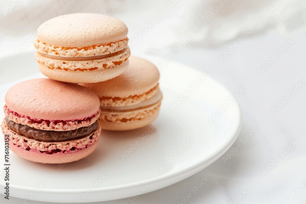 French macarons on a white plate against a white background French macarons on a white plate against a white background