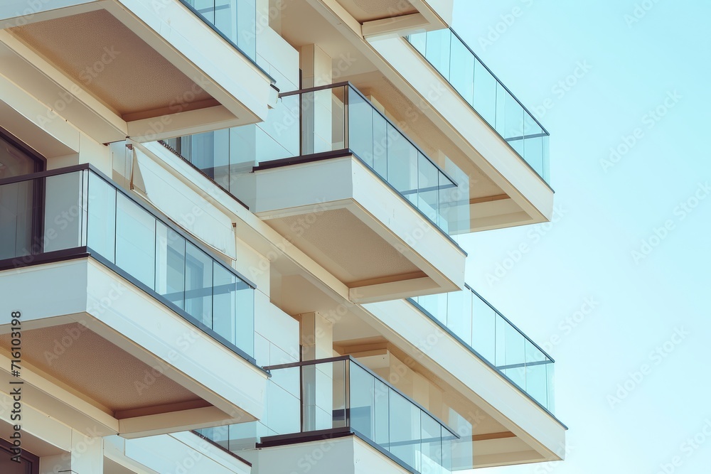 Close up picture of a contemporary multistory building section with balconies and beams showcasing transparent architecture in a hi tech minimalistic style Close up picture of a contemporary multistory building section with balconies and beams showcasing transparent architecture in a hi tech minimalistic style