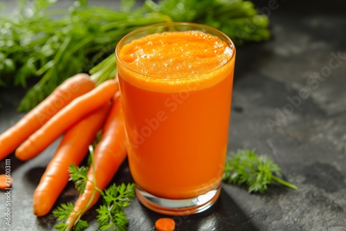 Closeup of freshly made carrot juice on table