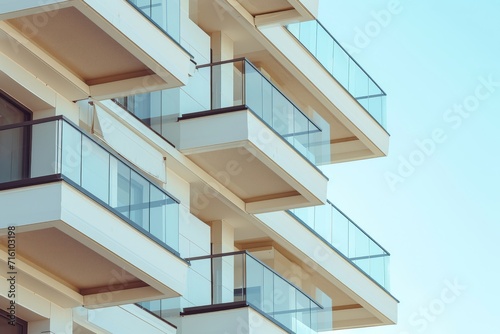 Close up picture of a contemporary multistory building section with balconies and beams showcasing transparent architecture in a hi tech minimalistic style