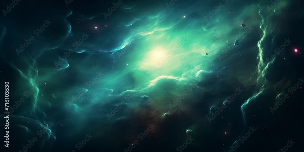 Colorful green space galaxy cloud nebula. Stary night cosmos. Universe science astronomy. Supernova background wallpaper, Generative AI