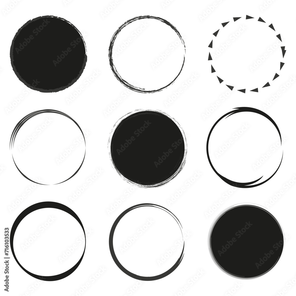 Black grunge round shapes. Brush strokes frames elements. Vector illustration. EPS 10. - obrazy, fototapety, plakaty 
