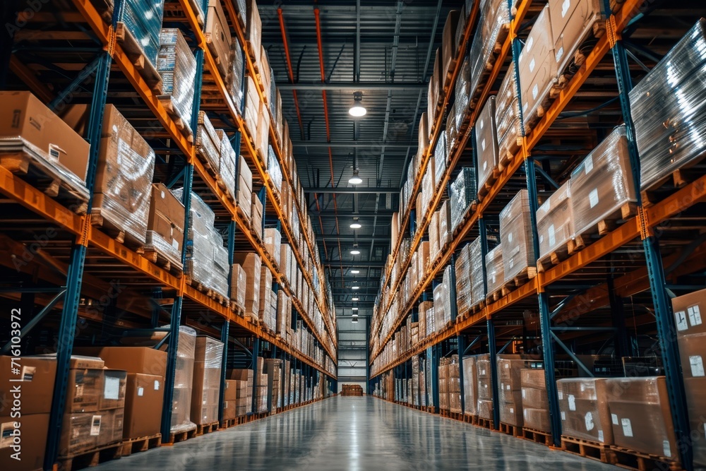 Fototapeta premium Warehouse with high shelving and boxes.
