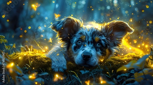 A curious puppy lying on a soft mossy patch in an enchanted forest